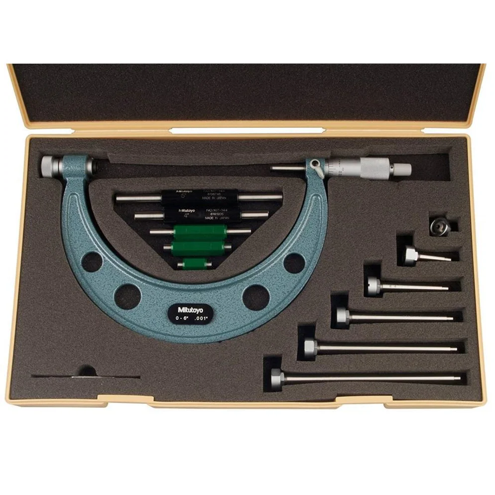 Mitutoyo 104-137 Series 104 Outside Micrometer with interchangeable anvils, 0 to 6", ±0.0003"