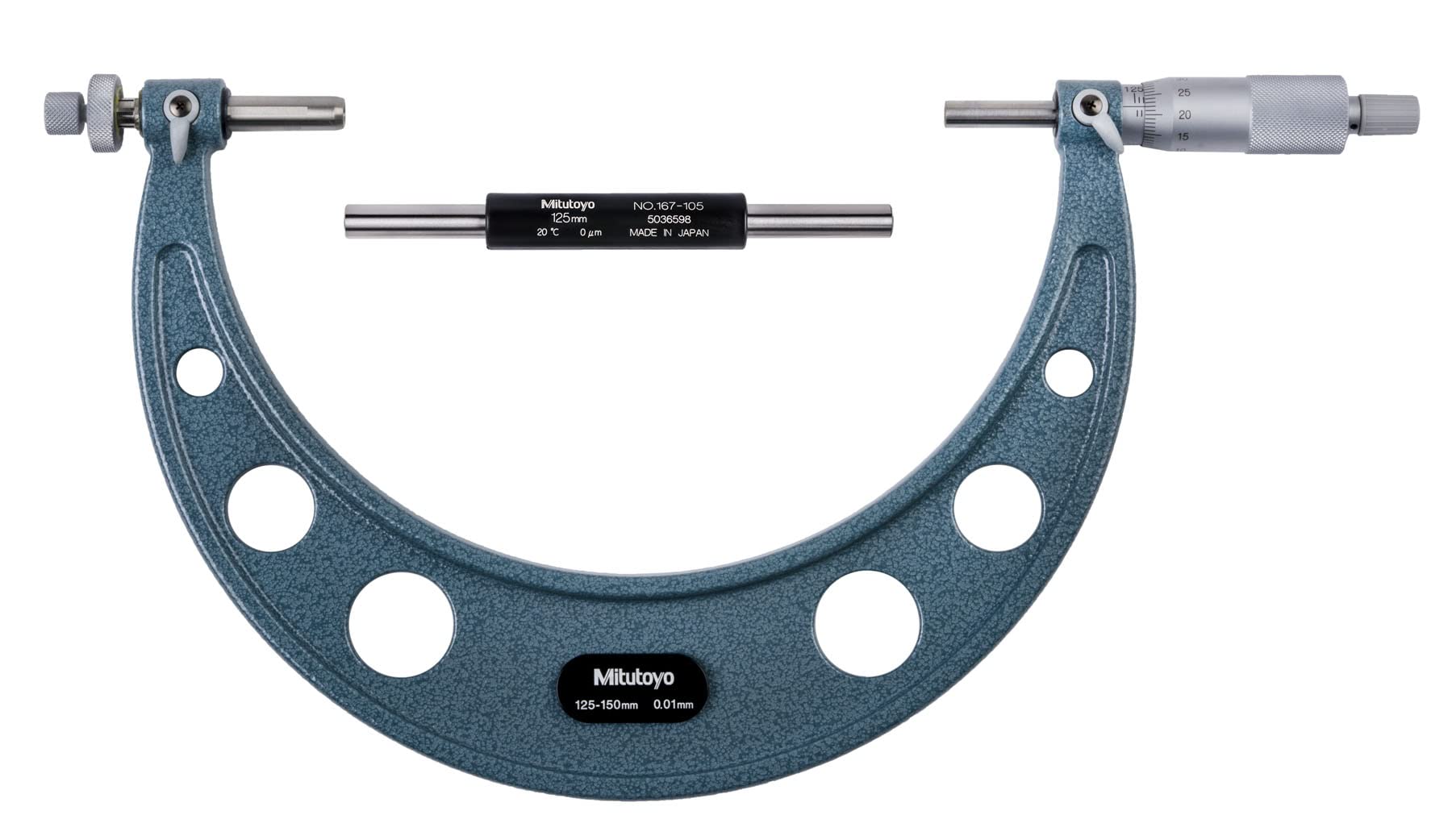 Mitutoyo 124-178 Series 124 Interchangeable Ball Anvil-Type Gear Tooth Micrometer, 125 to 150 mm, 0.01 mm graduation