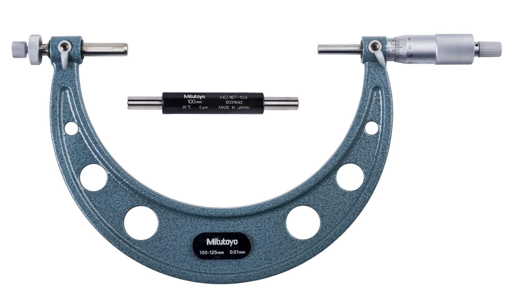Mitutoyo 124-177 Series 124 Interchangeable Ball Anvil-Type Gear Tooth Micrometer, 100 to 125 mm, 0.01 mm graduation