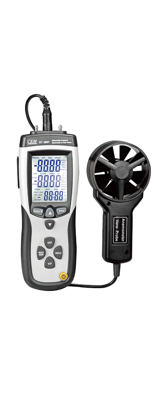 CEM DT-8897 Differential Pressure Manometer Plus Air Flow/Velocity Meter